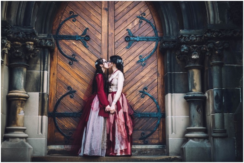 same sex wedding brides kissing