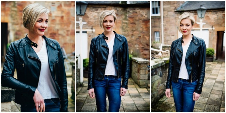 female model natural light portrait image in leather jacket