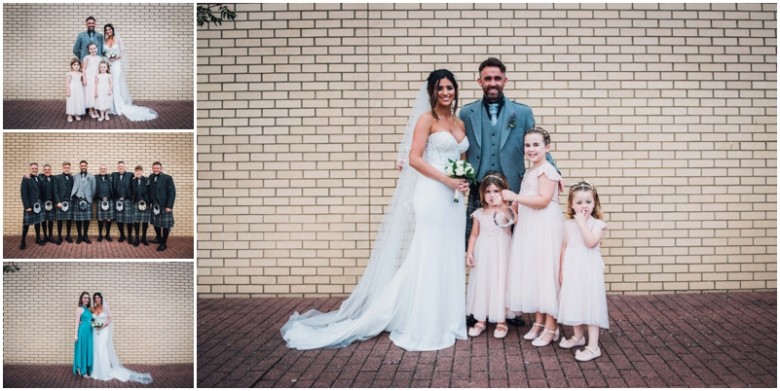 bride and groom with friends and family