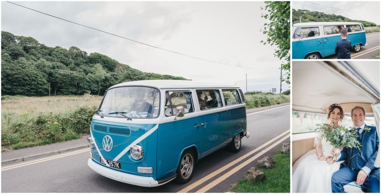 bride arriving in her wedding van