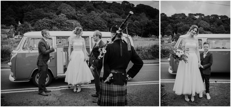 bride arriving in her wedding van