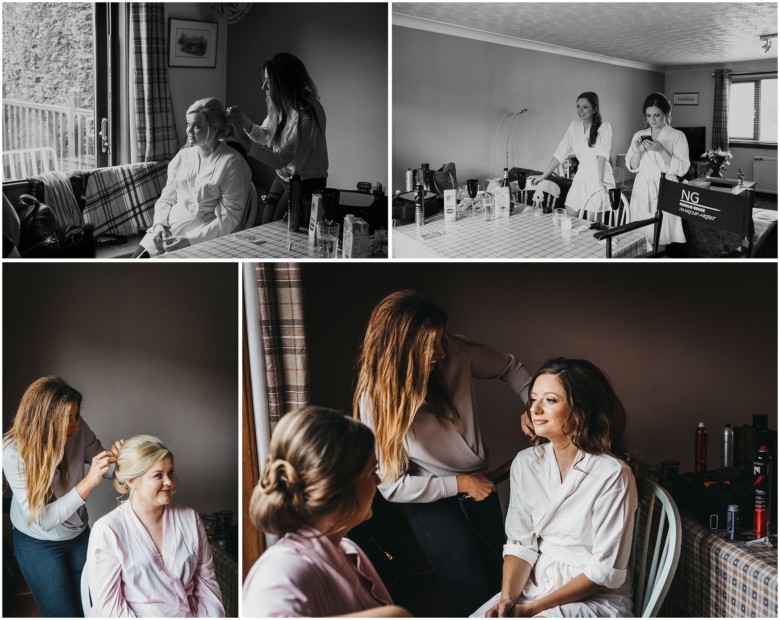 bride and her bridesmaids getting ready