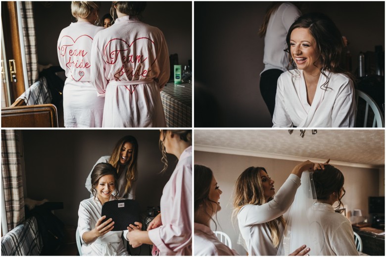 bride and her bridesmaids getting ready