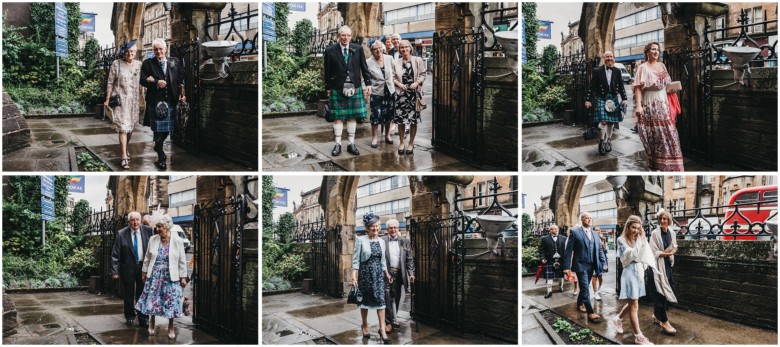 wedding guests arriving at the church