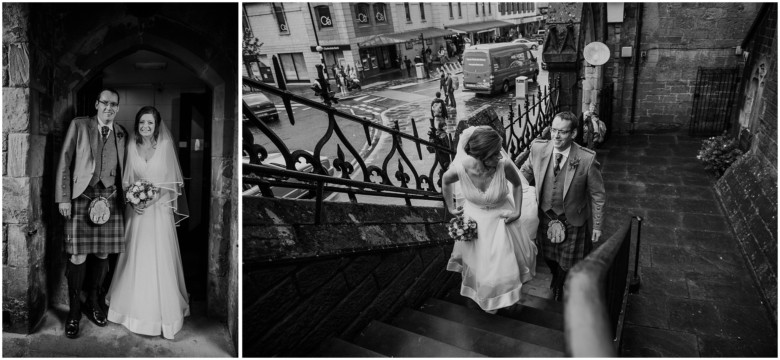 bride and her dad arriving for the wedding