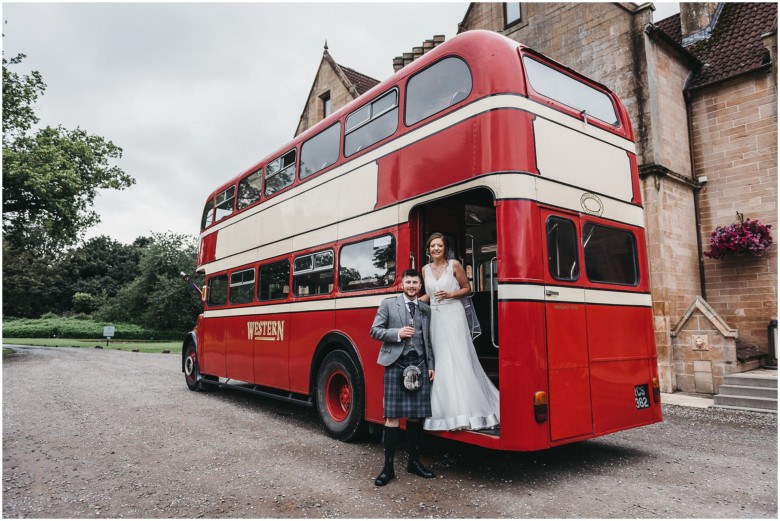 bride and groom on a london bus