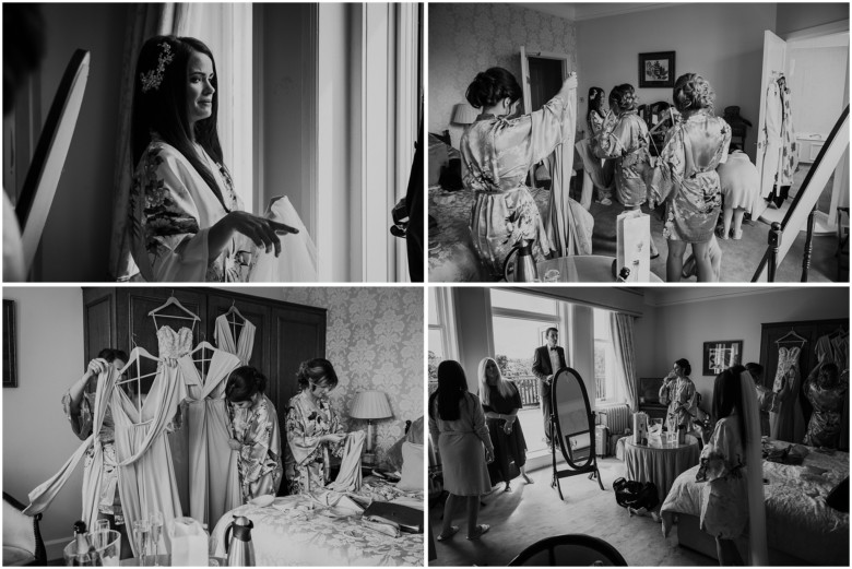 bride and her bridemaids getting ready for the wedding