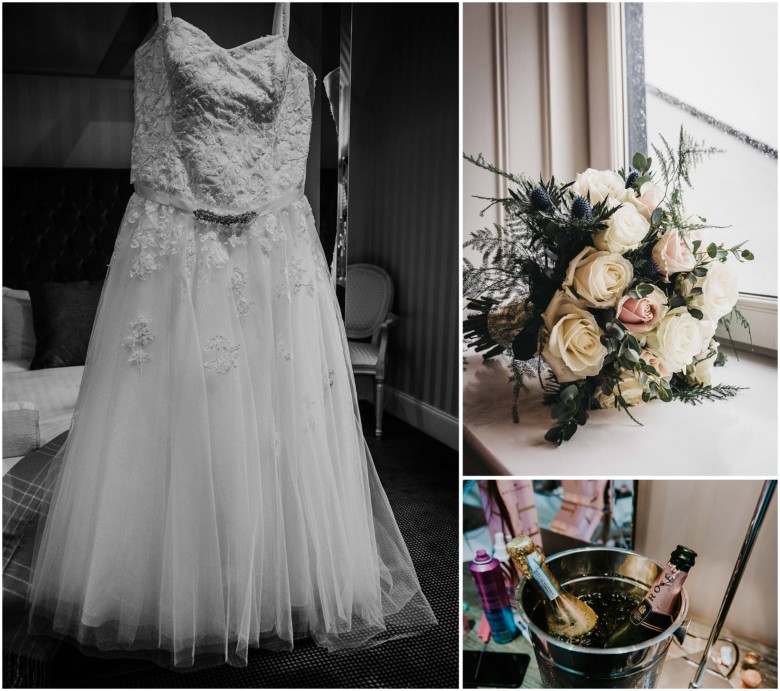 brides flowers and wedding dress