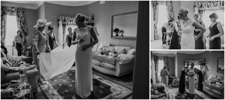 bride and her bridesmaids getting ready