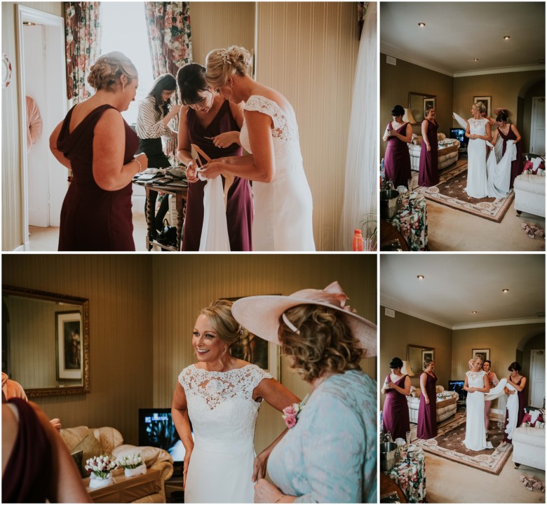 bride and her bridesmaids getting ready