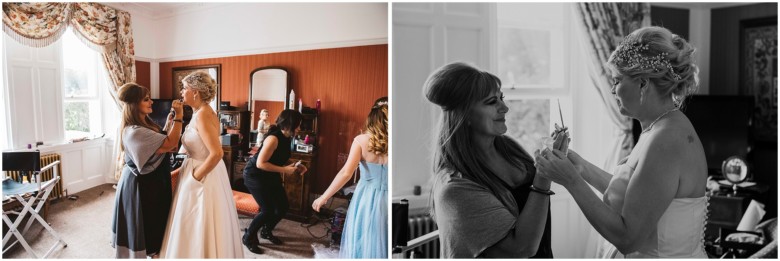 bride and her bridesmaids getting ready