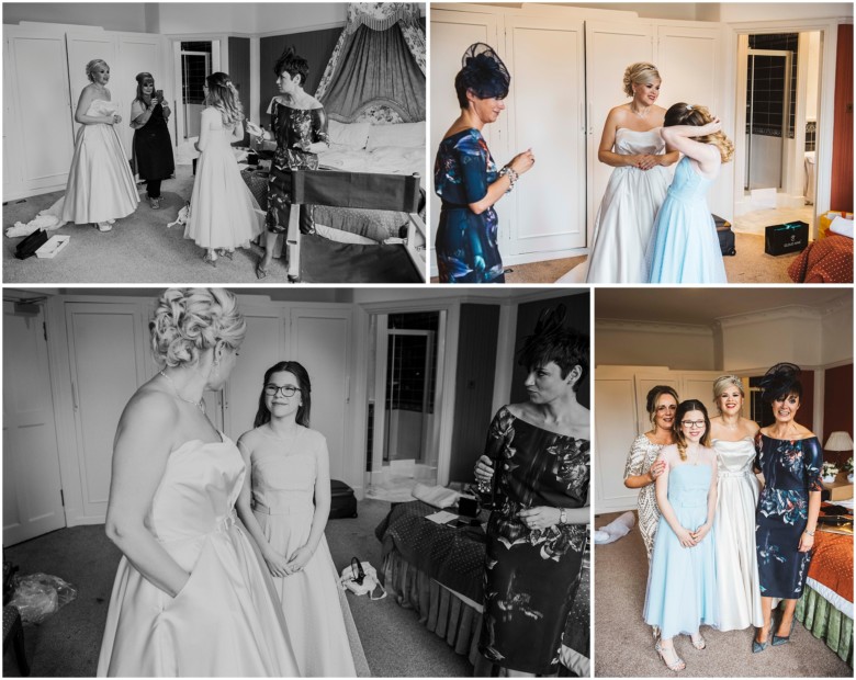 bride and her bridesmaids getting ready