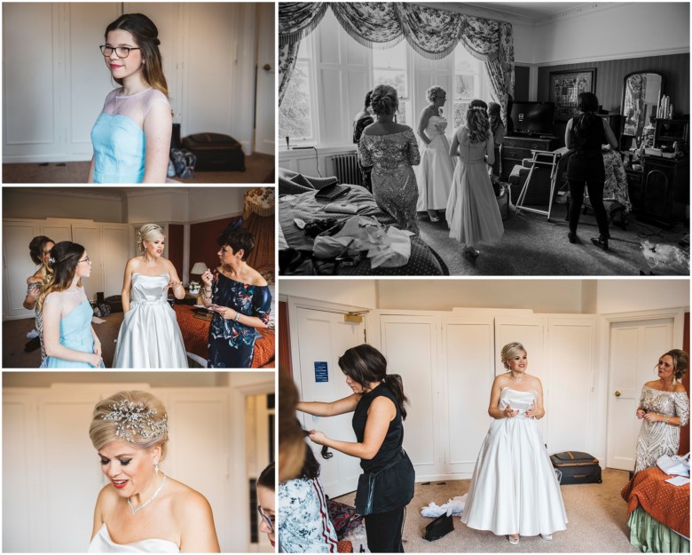 bride and her bridesmaids getting ready