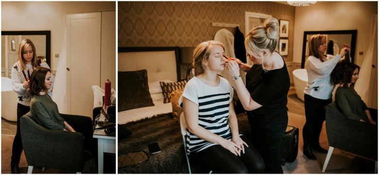 bride and bridesmaid getting ready 