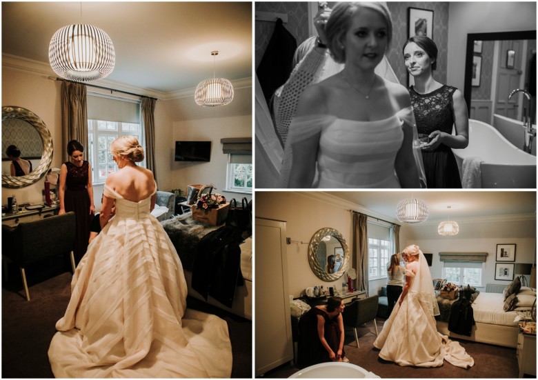 bride and bridesmaid getting ready 