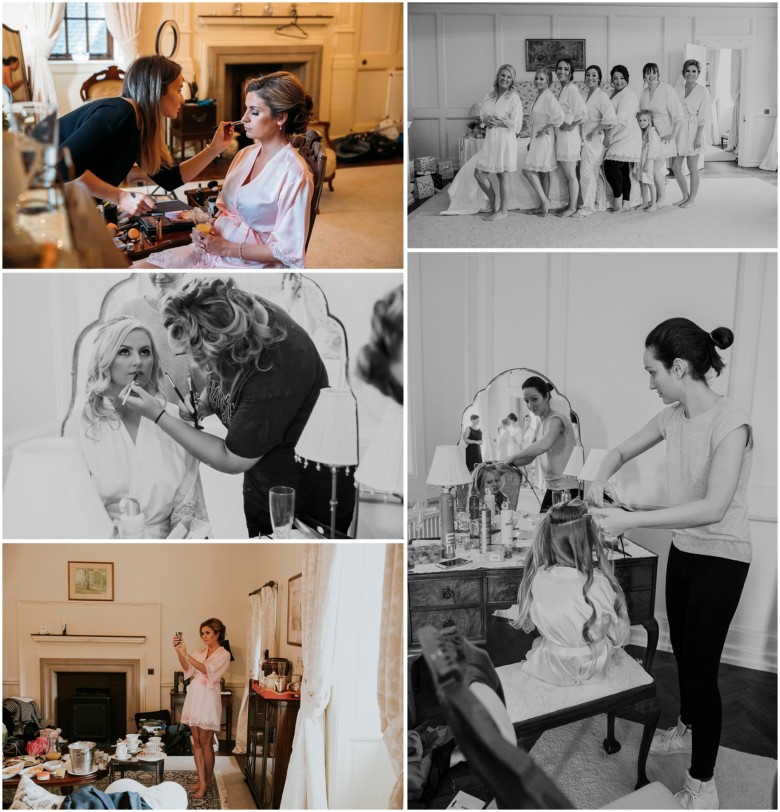 bride and her bridesmaids getting ready