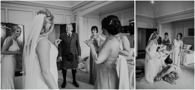 bride and her bridesmaids getting ready