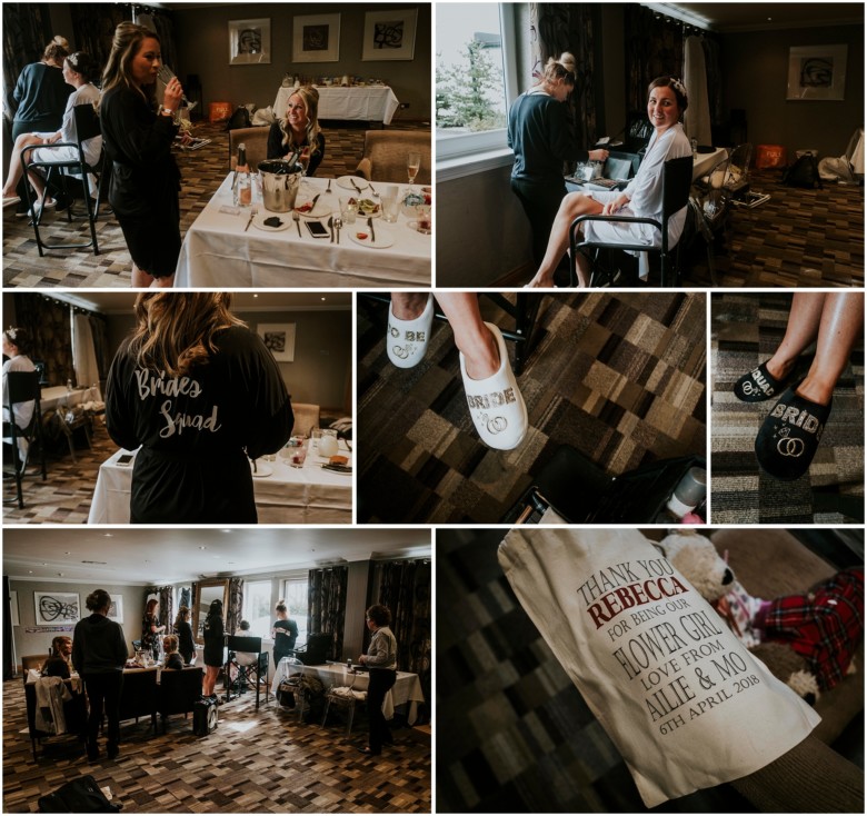 bride and her bridesmaids getting ready