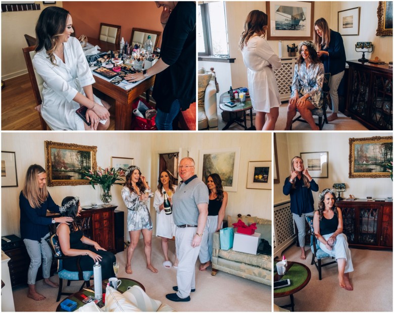 bride and her bridesmaids getting ready