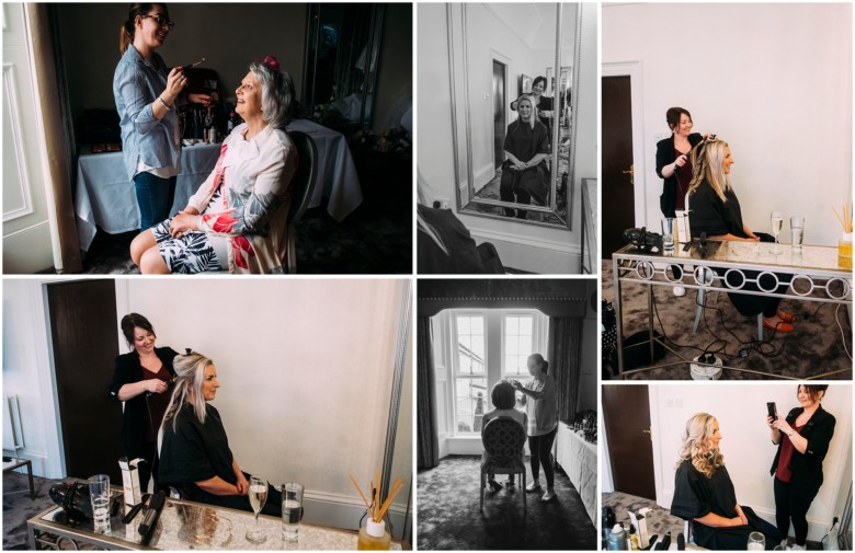 bride and her bridesmaids getting ready