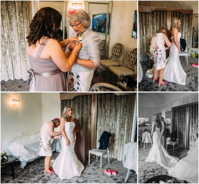 bride and her bridesmaids getting ready