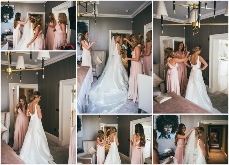 bride and her bridesmaids getting ready for the wedding