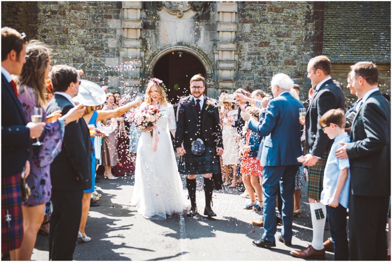 bride and groom confetti shower