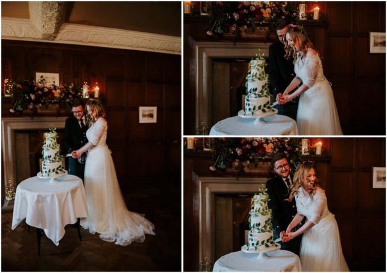 bride and groom cutting the wedding cake