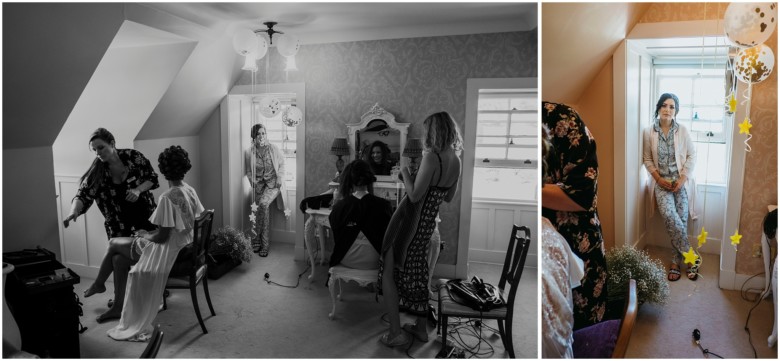 bride and her bridesmaids getting ready for the wedding