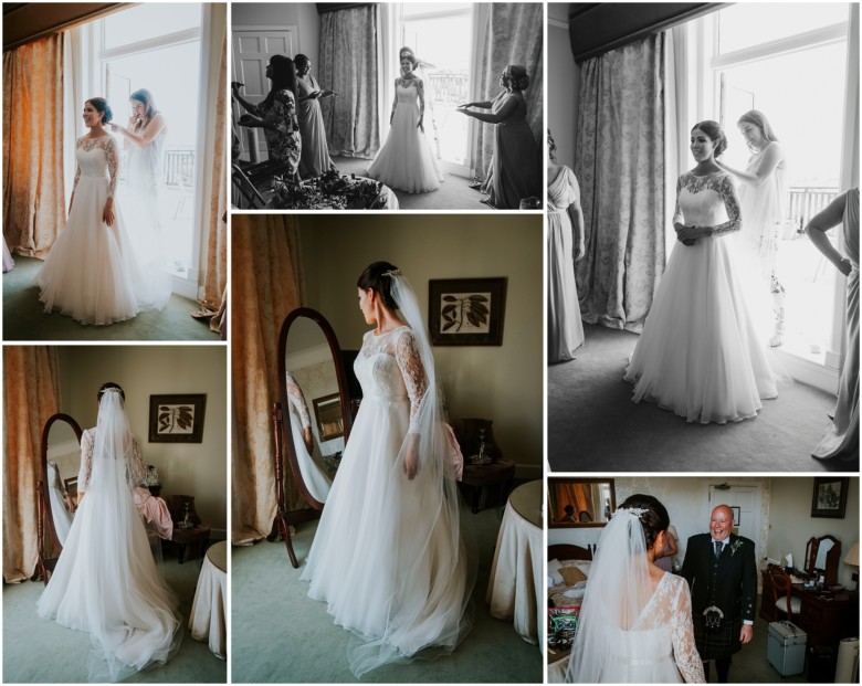 bride and her bridesmaids getting ready