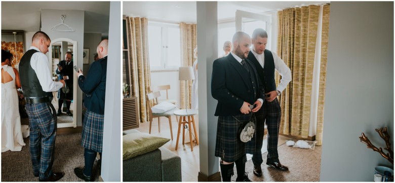 Two guys and their bridesmaids getting ready for their same sex wedding