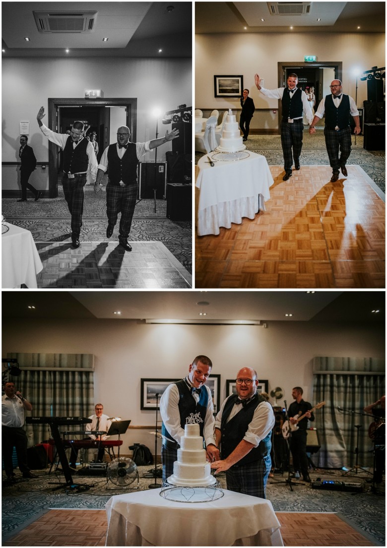 two guys cutting their wedding cake