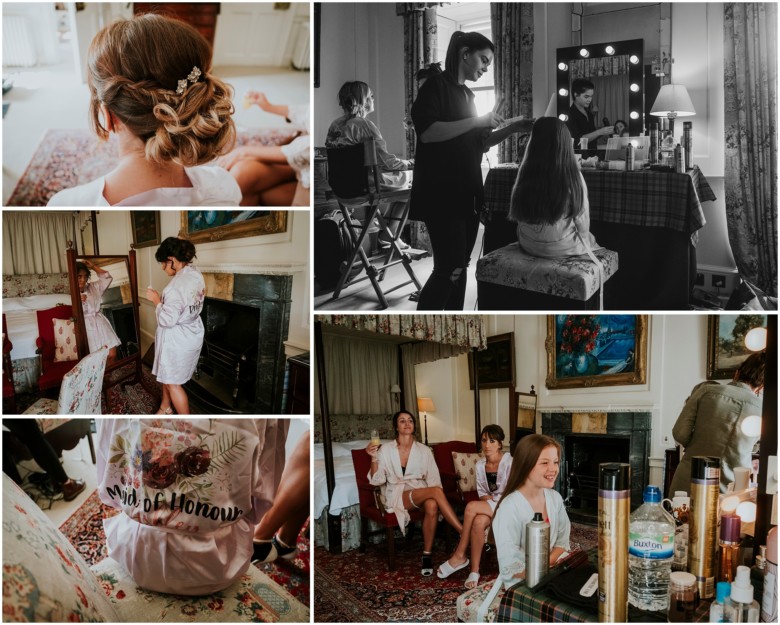 bride and her bridesmaids getting ready