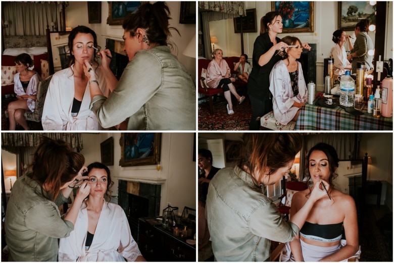 bride and her bridesmaids getting ready