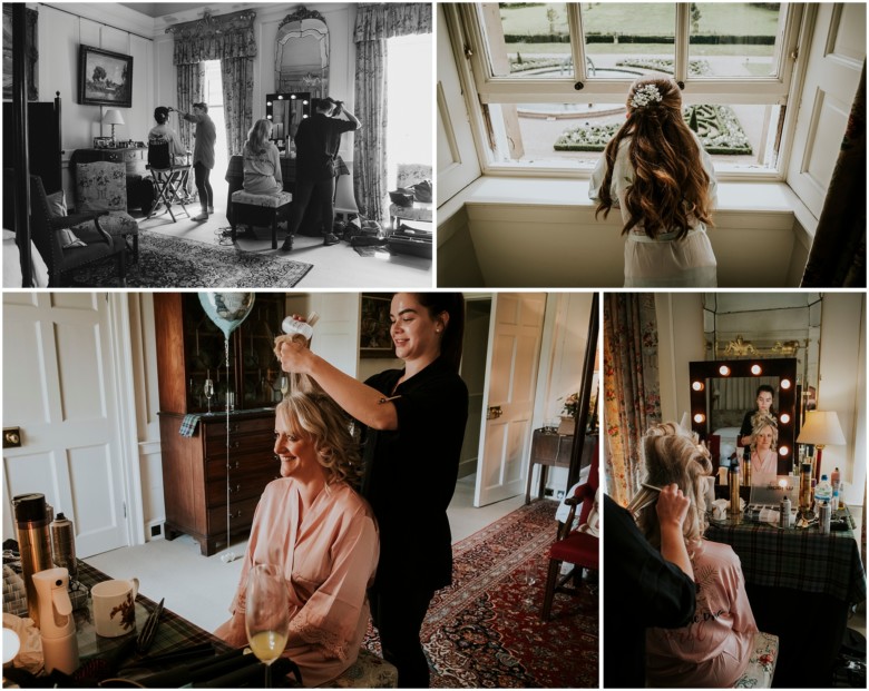 bride and her bridesmaids getting ready