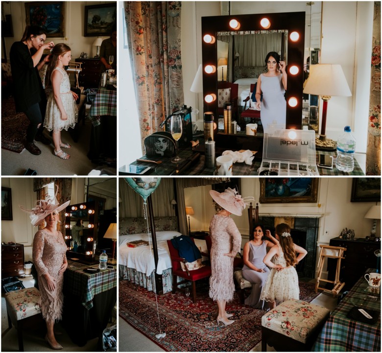 bride and her bridesmaids getting ready