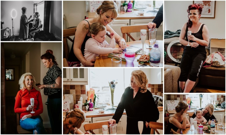 bride and her bridesmaids getting ready