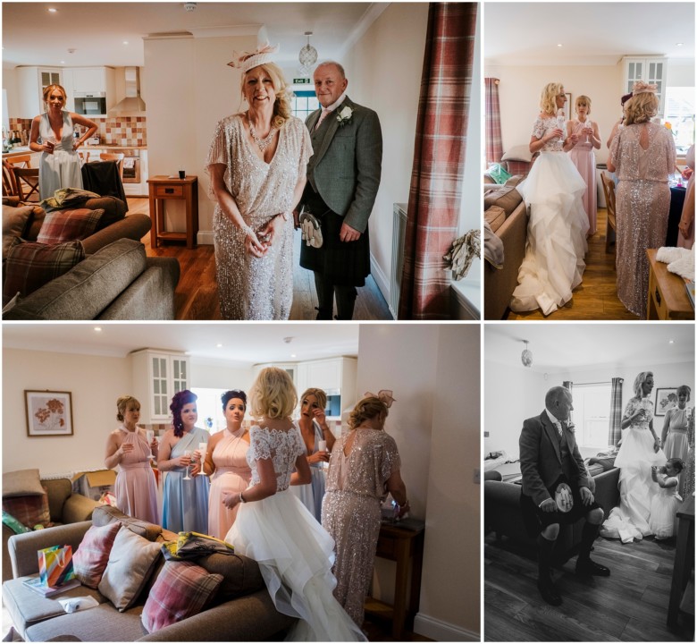 bride and her bridesmaids getting ready