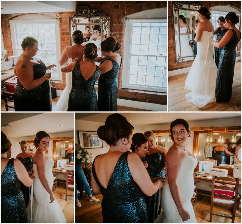 bride and her bridesmaids getting ready