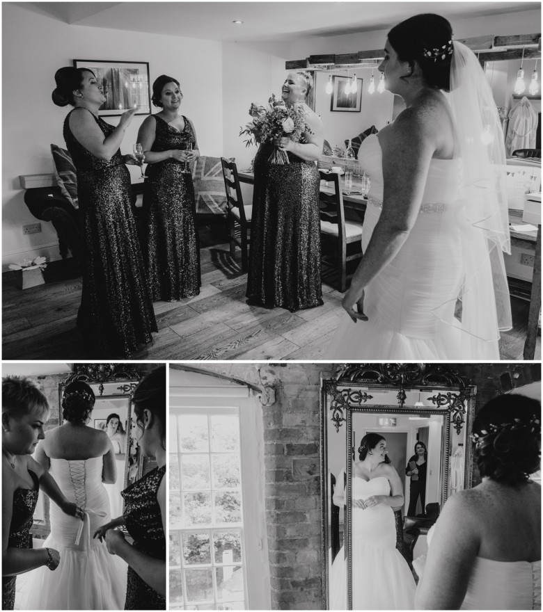 bride and her bridesmaids getting ready