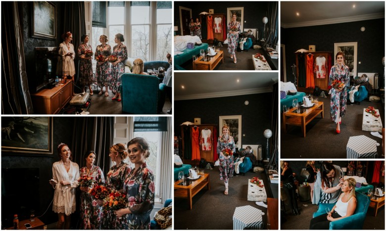 bride and her bridesmaids getting ready