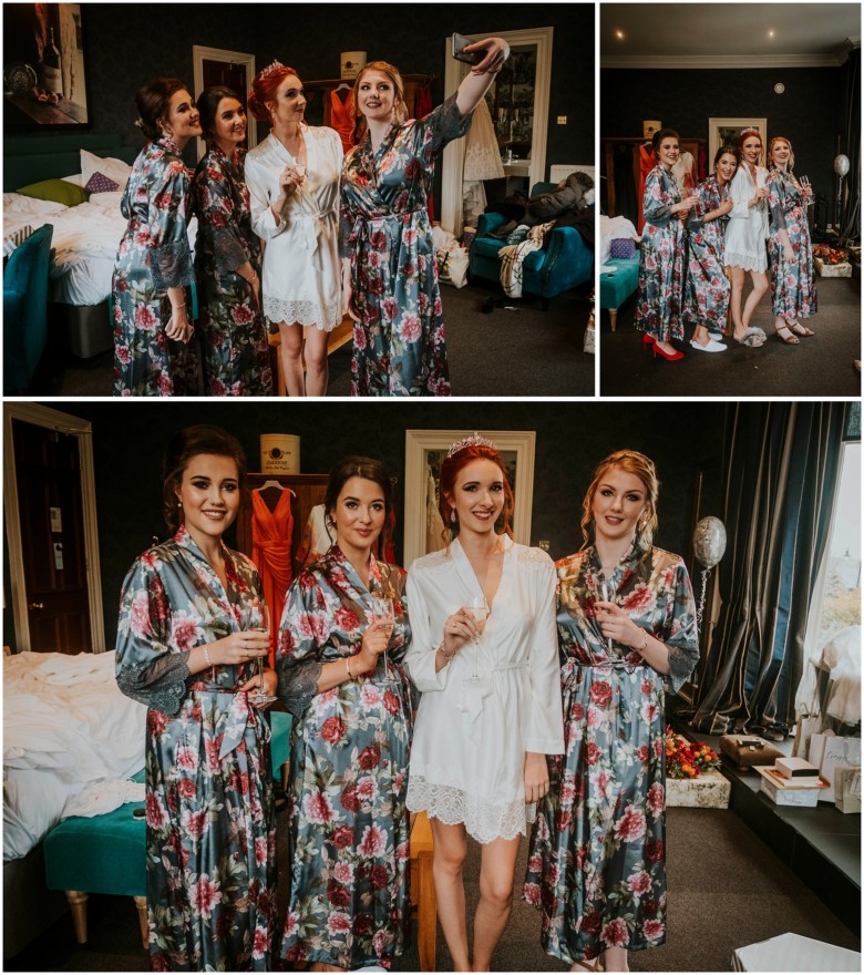 bride and her bridesmaids getting ready