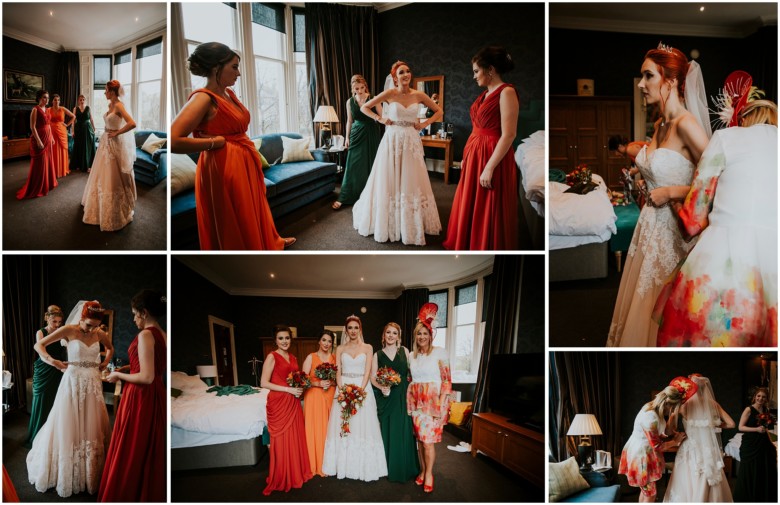 bride and her bridesmaids getting ready