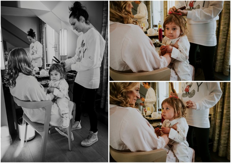 bride and her bridesmaids getting ready