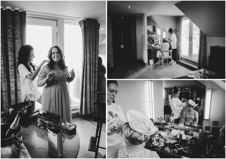 bride and her bridesmaids getting ready