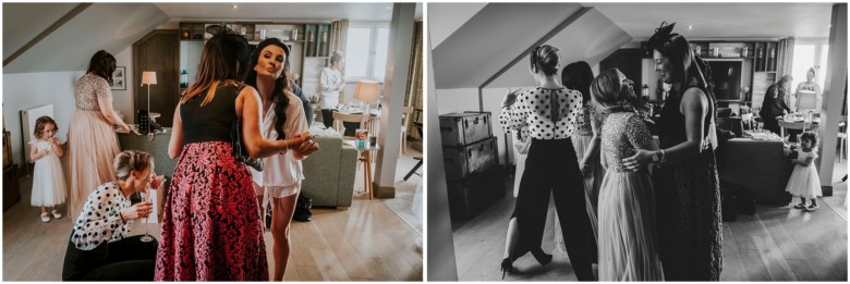 bride and her bridesmaids getting ready