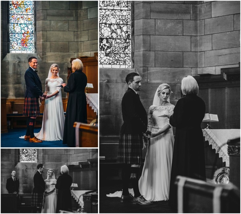 bride and groom at their wedding ceremony in a church