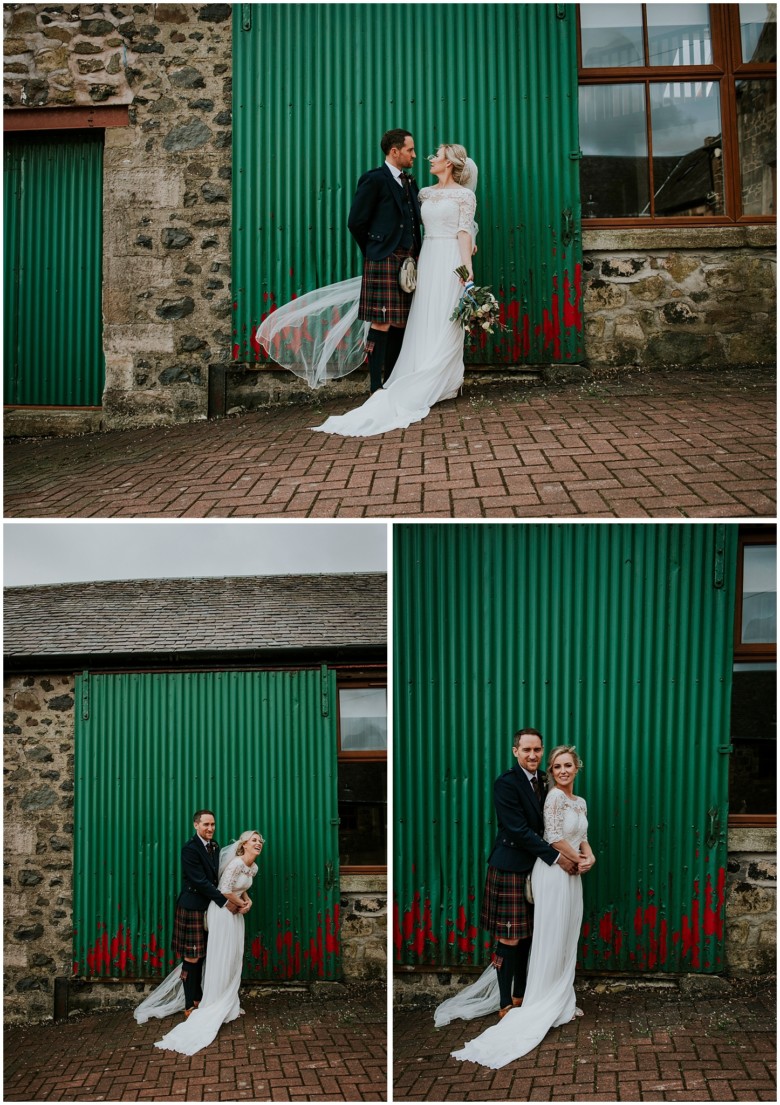 bride and groom at their rustic barn wedding