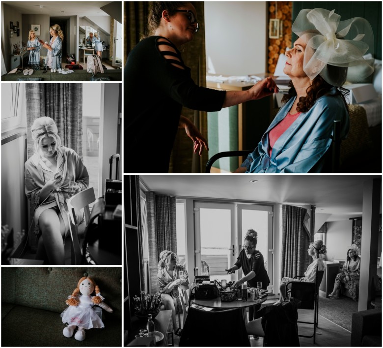 bride and her bridesmaids getting ready