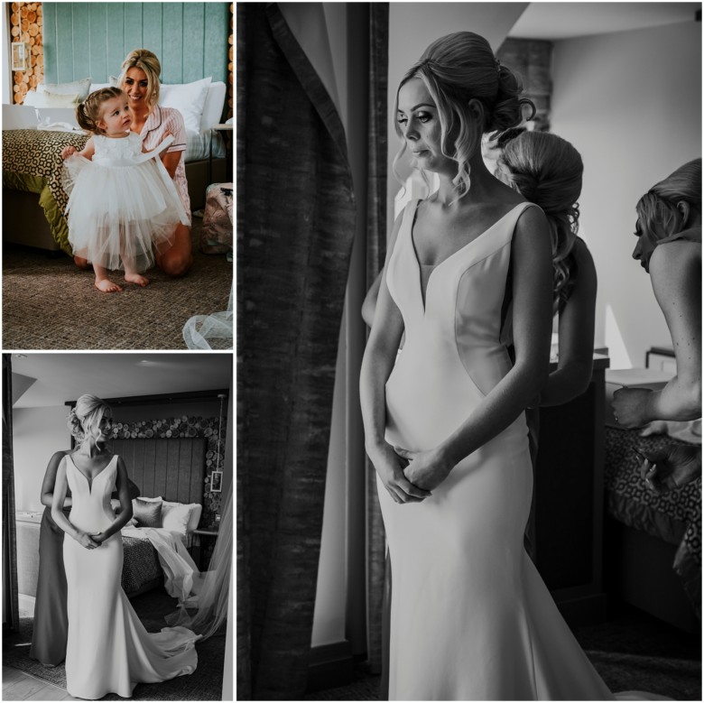 bride and her bridesmaids getting ready